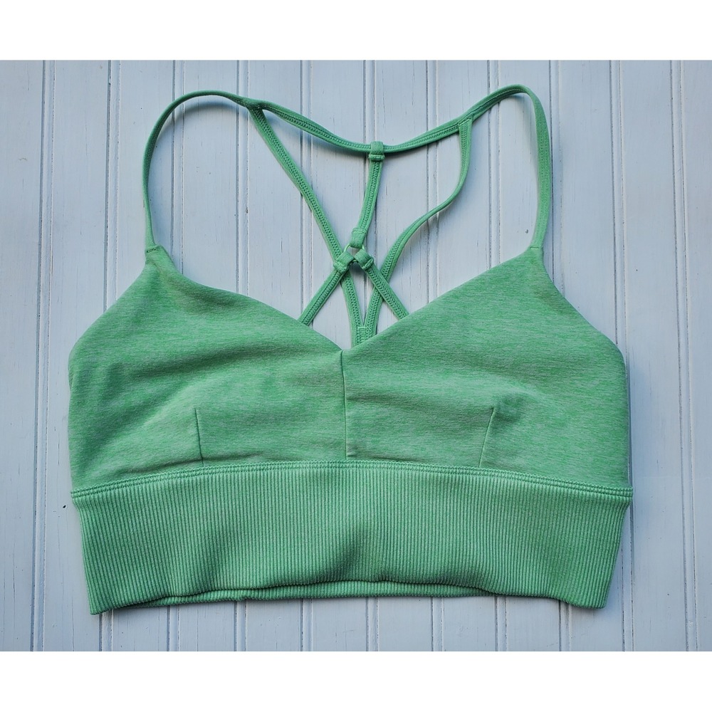 Alo Yoga Green Lavish Strappy Sports Bra Ribbed Band Medium Green Athleisure